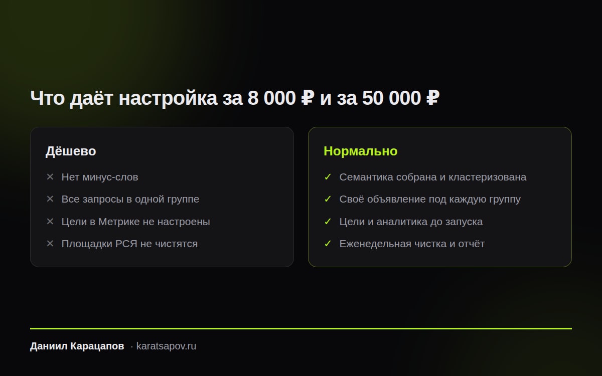 Сравнение дешёвой и полноценной настройки Яндекс Директа
